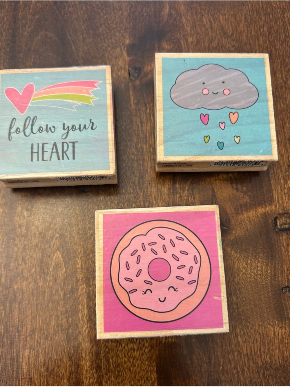 Cute Wooden Stamp Set - Heart, Cloud & Donut Designs in Pastel Pink & Teal